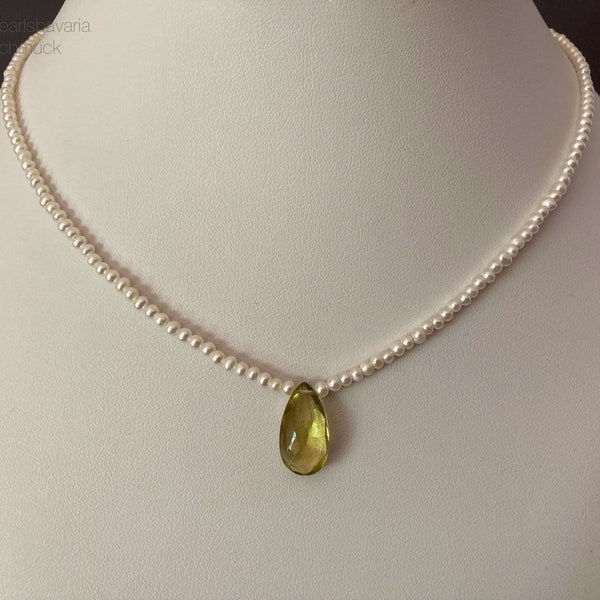 Perlenkette mit Lemon Quarz Briolette, Zuchtperlen und Edelstein, Geschenk für Frauen, Brautschmuck, Home Office, Handarbeit aus Bayern