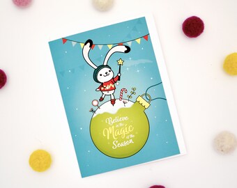 Cute Christmas card, Arctic Bunny Holiday Card, Greeting Card with Special Silk Matte Finish