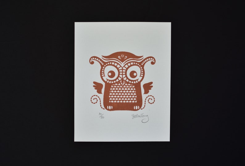 Arte de serigrafía Owl Mini Gocco con acabado de bronce metálico hecho a mano imagen 4