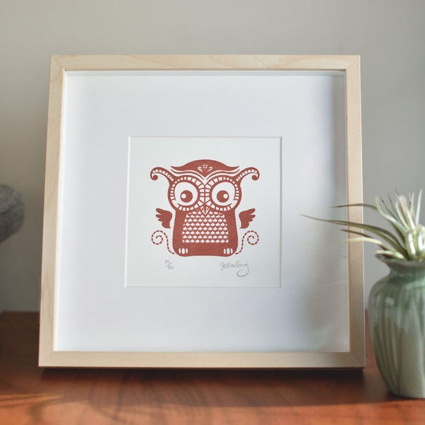 Owl Mini Gocco Screenprint Art With Metalic Bronze Finishing Handmade