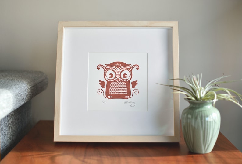 Arte de serigrafía Owl Mini Gocco con acabado de bronce metálico hecho a mano imagen 1
