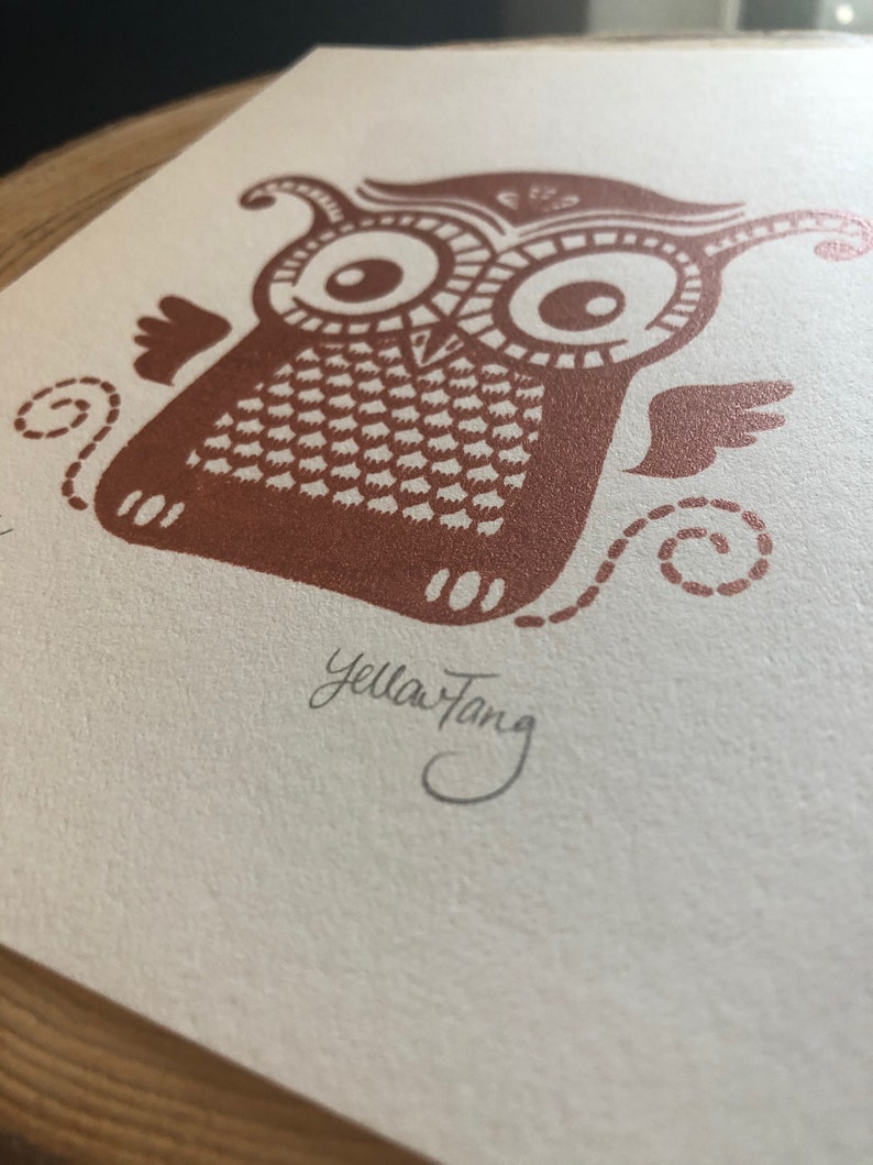 Arte de serigrafía Owl Mini Gocco con acabado de bronce metálico hecho a mano imagen 3
