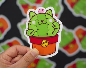 Cactus Lucky Cat Sticker 4 "vinilo pegatina / pegatina extra grande / calcomanía impermeable y duradera / buena suerte / pegatina de planta