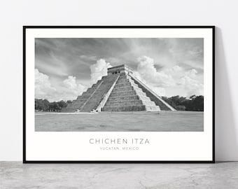 May include: Black and white photograph of the Chichen Itza pyramid in Mexico. The pyramid is a large, stepped structure with a flat top. The sky is cloudy and there are trees in the background. The text "Chichen Itza" and "Yucatan, Mexico" is below the image.