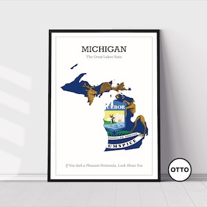 Michigan State Wall Art | State of Michigan Map Outline Home Decor Print | Flag Art Travel Poster | Artful Photo Travel Gift Idea | USA
