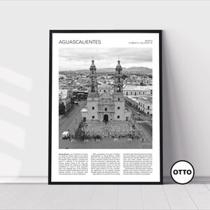 May include: A black and white aerial photograph of the Cathedral Basilica of Our Lady of the Assumption in Aguascalientes, Mexico. The cathedral is a large, ornate building with two towers and a central dome. The photograph shows the cathedral from a bird's-eye view, with the surrounding city streets visible in the background. The text "Aguascalientes 21.8885° N, 102.2916° W MEXICO" is at the top of the image.