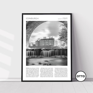 May include: Black and white photograph of a waterfall in front of a building in Edinburgh, Scotland. The text "EDINBURGH" and "SCOTLAND 55.9532° N, 3.1881° W" is at the top of the image. The text "OTTO" is at the bottom right of the image.