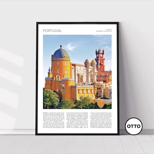 May include: A framed print showcasing Pena Palace in Portugal. The palace, with its orange and red towers and domes, is set against a blue sky. The word "PORTUGAL" is at the top, with text below the image.
