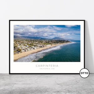 May include: An aerial view of Carpinteria, California, USA. The photo shows a beach with blue water and white waves, a sandy shore, and a town with houses and trees. The text "Carpinteria, California, USA" is at the bottom of the image.