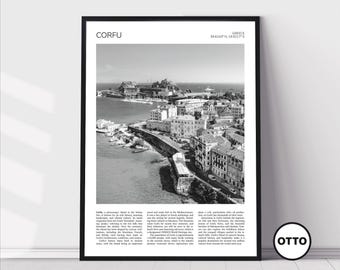 May include: A black and white photograph of the city of Corfu, Greece. The photo shows a cityscape with buildings along the waterfront. The text "CORFU" and "GREECE" is at the top of the image. The text "OTTO" is at the bottom of the image.