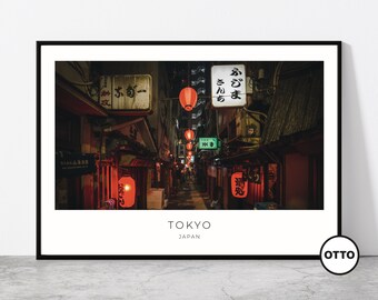 Tokyo Wand Kunst | Tokyo Wohnkultur | Backstreet, Nachtansicht, Laternen | Japanisches Kunstvolles Reisegeschenk | Japan Kunst Poster Druck