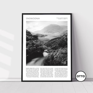 May include: Black and white photograph of a waterfall flowing through a rocky landscape in Snowdonia National Park, Wales, United Kingdom. The image includes the text "Snowdonia" and "Wales, United Kingdom 52.900°N 3.888°W".