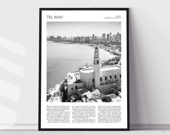 May include: Black and white photograph of Tel Aviv, Israel. The image shows a cityscape with a church in the foreground and the Mediterranean Sea in the background. The text "TEL AVIV" and "ISRAEL 32.0863° N, 34.7718° E" is printed at the top of the image.