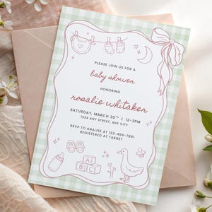 Einladung zur Babyparty für Mädchen in Rosa und Grün mit Vichy-Karo | Cottagecore-Einladung, verspielte Babyparty, Vichy-Babyparty, Babyparty-Canva