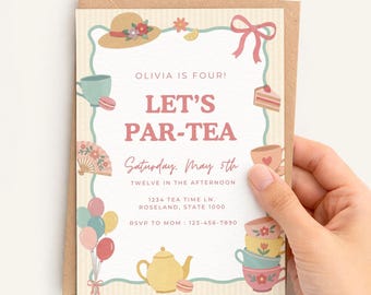 Tea Party Girls Birthday Invitation Template | Let's Par-Tea Invite, Tea for two invite, Whimsical Tea Party, Teacups Invitation | 056