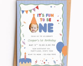 It's Fun to Be One Birthday Boy Invitation Template | Colorful First Birthday, First Birthday Theme, Fun Colorful Invite | 060