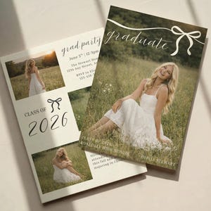 Bow Graduation Announcement Template | Modern Grad Party Invite, Preppy Graduation, Girl Graduate Invite, Class of 2026 | 038