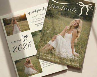Bow Graduation Announcement Template | Modern Grad Party Invite, Preppy Graduation, Girl Graduate Invite, Class of 2026 | 038