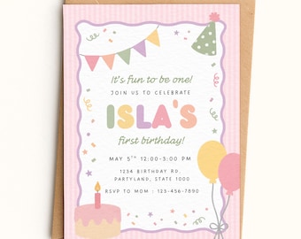 It's Fun to Be One Birthday Girl Invitation Template | Colorful First Birthday, First Birthday Theme, Fun Colorful Invite | 061