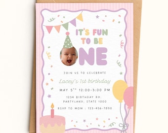 It's Fun to Be One Birthday Girl Invitation Template | Colorful First Birthday, First Birthday Theme, Fun Colorful Invite | 062