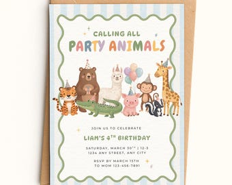 Calling All Party Animals Birthday Invitation Template | Zoo Theme Invite, Cute Animal Invite, Calling All Party, Party Animal Theme 071