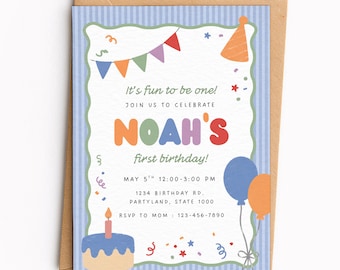It's Fun to Be One Birthday Boy Invitation Template | Colorful First Birthday, First Birthday Theme, Fun Colorful Invite | 058