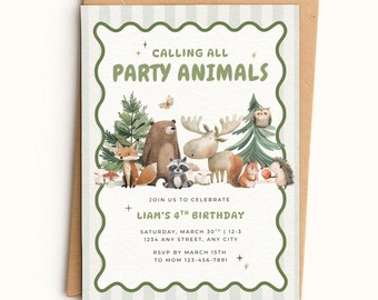 Woodland Party Animals Birthday Invitation Template | Calling Party Animal, Party Animal Invite, Woodland Invite, Forest Animal Invite | 080