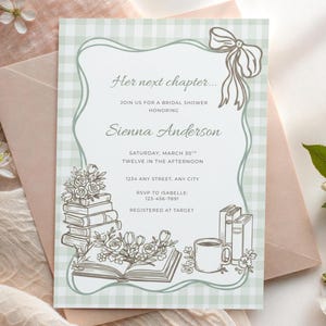 May include: Bridal shower invitation with a green gingham border and a decorative bow. The invitation features the text "Her next chapter..." and details for Sienna Anderson's bridal shower, including the date, time, and location.