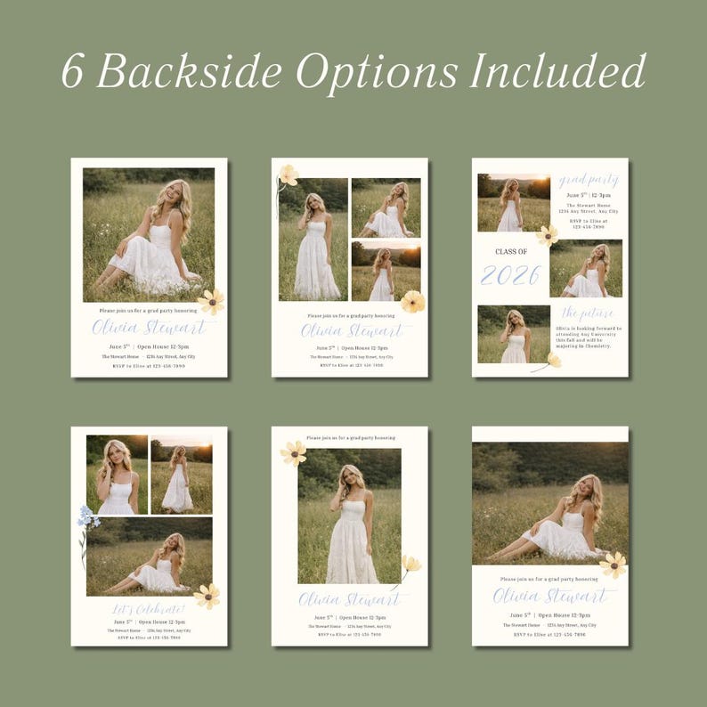 May include: A collection of six invitation designs featuring a woman in a white dress. Each design includes the text "Olivia Stewart" and event details. The phrase "6 Backside Options Included" is at the top.