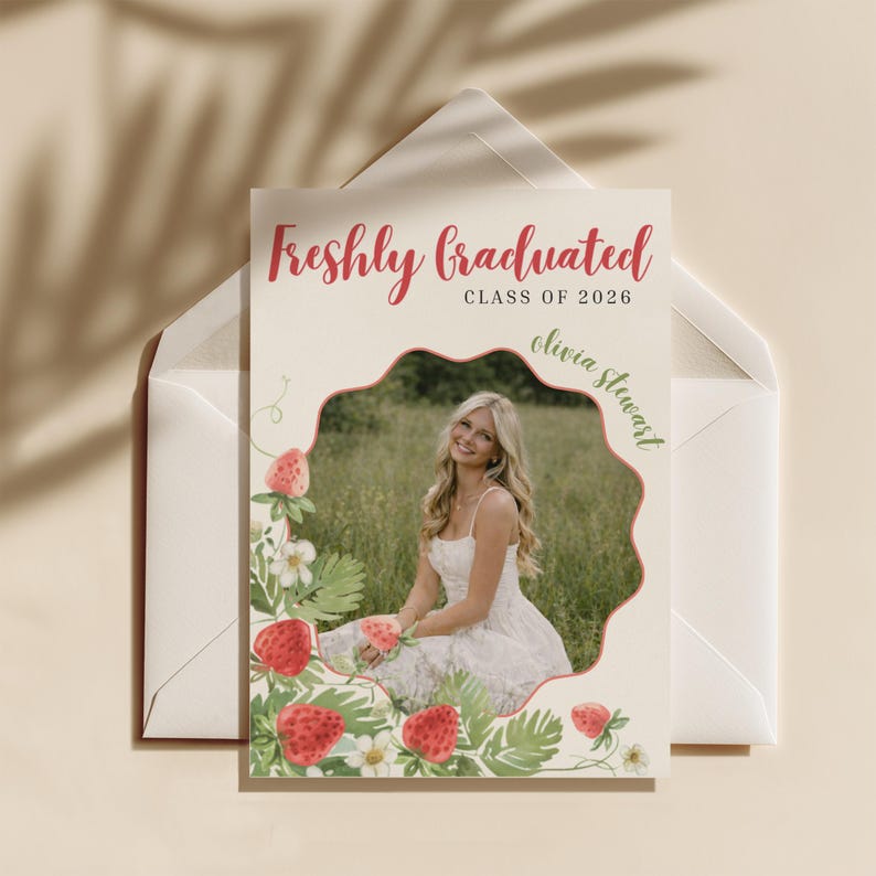 May include: A graduation announcement card with the text "Freshly Graduated CLASS OF 2026" in red script. The card features a photo of a smiling person in a white dress, surrounded by a strawberry and floral design.