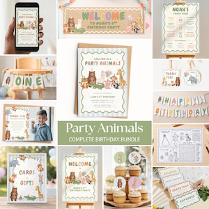 May include: A party animals birthday bundle featuring invitations, welcome signs, milestone posters, banners, thank you cards, and activity sheets. The designs include illustrations of a bear, tiger, giraffe, monkey, and other animals in soft colors.
