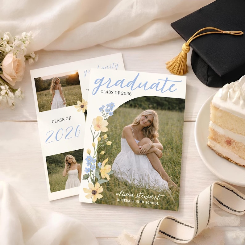 May include: Graduation announcements featuring a photo of a woman in a white dress, with the text "graduate" and "Class of 2026." Floral accents and a graduation cap are also visible. The announcements are on a white surface with a slice of cake.
