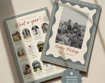 May include: Two rectangular holiday cards with a blue and white gingham border. One card features a wavy cream frame around a black and white family photo with the text Happy Holidays, Love, THE JOHNSONS. The other displays the text TWENTY-TWENTY SIX, What a year!, and twelve monthly photo slots with captions.