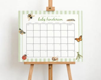 May include: A rectangular calendar sign with a light green and white striped border, featuring the text Guess the Arrival of baby henderson. The calendar includes watercolor illustrations of a bee, moth, ladybug, snail, caterpillar, butterfly, and mantis.