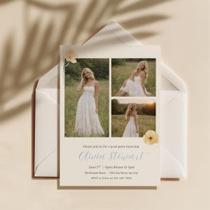 May include: Graduation party invitation featuring three photos of a woman in a white dress. The invitation includes the name "Olivia Stewart" in blue script, event details, and RSVP information. The invitation is inside a white envelope.
