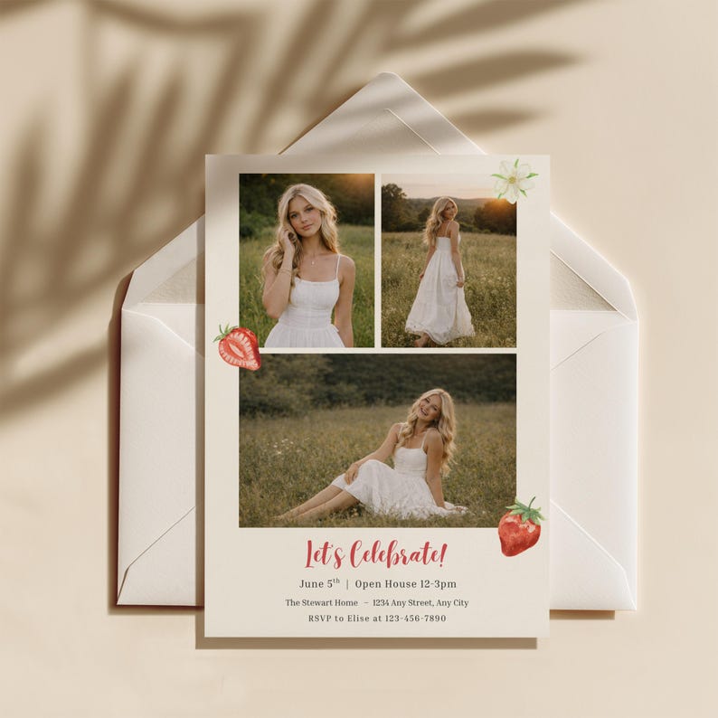 May include: A cream-colored invitation card with three photos of a person in a white dress, with strawberry illustrations. The text "Let's Celebrate!" is in a script font, with event details below. The card is inside a white envelope.