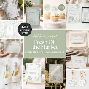May include: A collection of printable bridal shower items in a soft green and white color scheme. The bundle includes invitations, signs, labels, and thank you tags. The text "Fresh Off the Market" is prominently displayed.