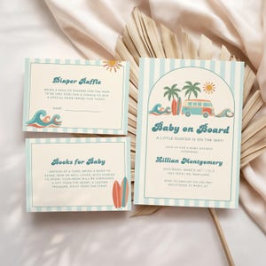 May include: A baby shower invitation set featuring a light blue striped border, a surf-themed van, palm trees, and waves. The text includes Baby on Board, Lillian Montgomery, Diaper Raffle, and Books for Baby with event details in a retro font.