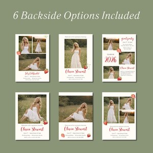 May include: Six invitation designs are displayed, each featuring a woman in a white dress. The invitations include text such as "Olivia Stewart", "Let's Celebrate!", and "grad party". Strawberries and floral accents are also present.
