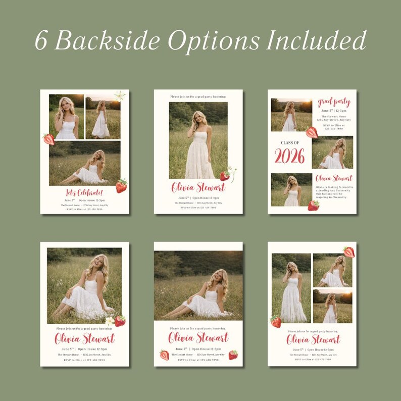 May include: Six invitation designs are displayed, each featuring a woman in a white dress. The invitations include text such as "Olivia Stewart", "Let's Celebrate!", and "grad party". Strawberries and floral accents are also present.