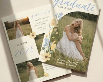 Blue Floral Graduation Announcement Template | Class of 2026, Girl Graduate Invite, Wildflower Grad, Grad Party Invite | 040