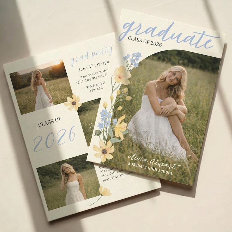 May include: Two graduation announcements with photos of a woman in a white dress. The announcements have floral accents and text that reads "Graduate Class of 2026" and "Grad Party". The name "Olivia Stewart" is also visible.