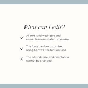 May include: A white background with the text "What can I edit?" in a dark, elegant font. The text explains that all text is editable and movable, fonts can be customized, but artwork, size, and orientation cannot be changed.
