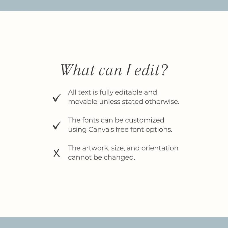 May include: A white background with the text "What can I edit?" in a dark, elegant font. The text explains that all text is editable and movable, fonts can be customized, but artwork, size, and orientation cannot be changed.