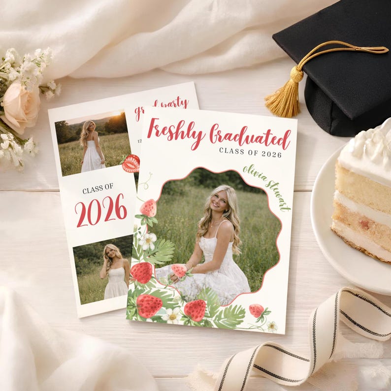 May include: Graduation announcement cards with a photo of a woman in a white dress, surrounded by strawberry illustrations. The text reads "Freshly Graduated Class of 2026" and includes a name. A graduation cap and cake are also visible.