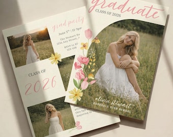 Pink Floral Graduation Announcement Template | Class of 2026, Girl Graduate Invite, Wildflower Grad, Grad Party Invite | 037