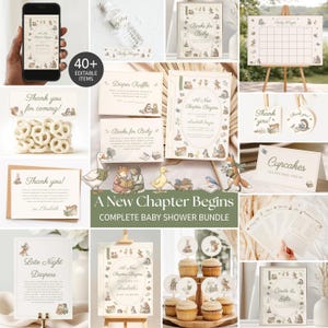 Peut inclure: Un ensemble complet pour fête prénatale sur le thème des animaux de la forêt avec des illustrations d'ours, de renards et de lapins. Le kit comprend des invitations, des panneaux, des jeux, des décorations et des étiquettes A New Chapter Begins.