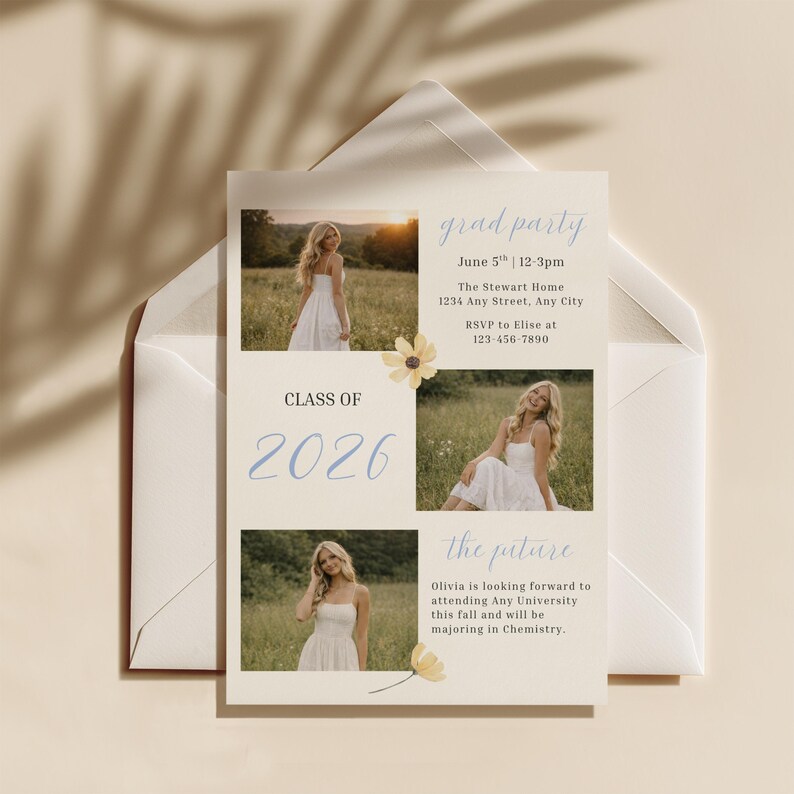 May include: Graduation party invitation with three photos of a person in a white dress. The invitation has the text "grad party", "Class of 2026", and event details. The invitation is in an envelope.