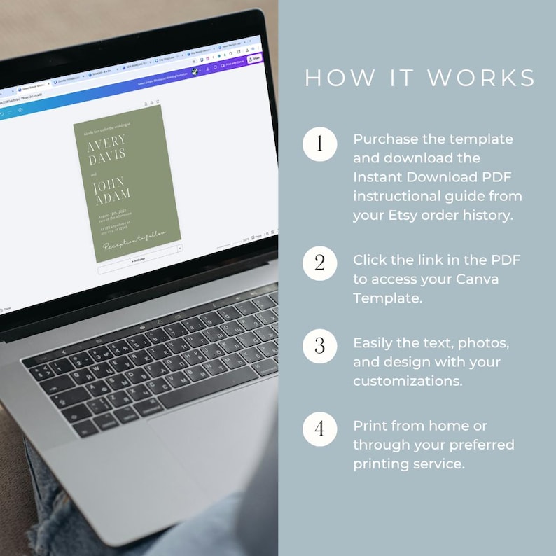 May include: A laptop displaying a wedding invitation template with the names Avery Davis and John Adam. The screen also shows instructions: Purchase, download PDF, access Canva, customize, and print.