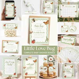 May include: A baby shower stationery bundle featuring a light green and white striped pattern with watercolor illustrations of bees, butterflies, ladybugs, and snails. The set includes invitations, signs, cupcake toppers, and game cards with text.